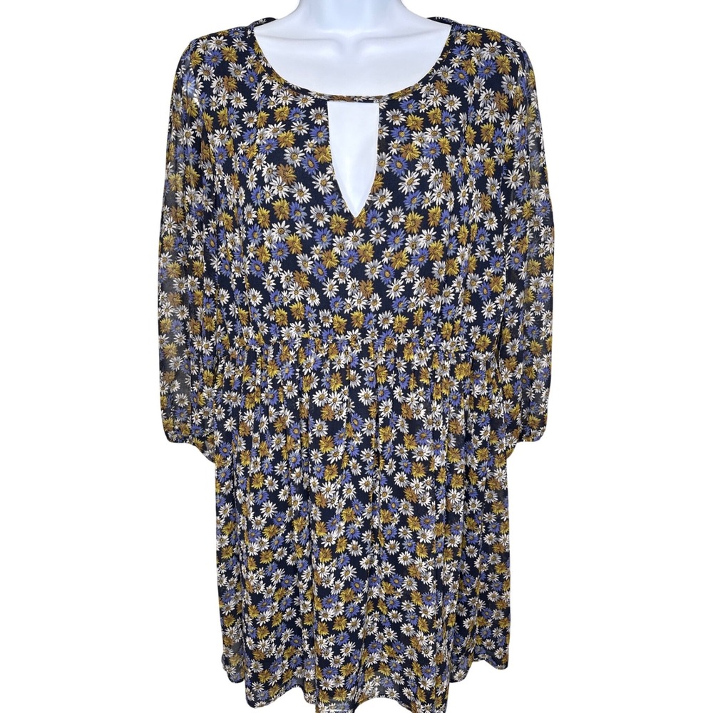 Zara Womens Navy Blue Floral Daisy Babydoll Dress Sz L Boho Whimsigoth Airy Mod